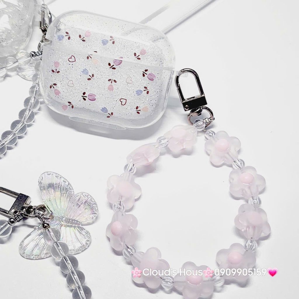 Cover Case Vỏ bảo vệ Airpod Trong Bling Bling Bướm & Hoa Nhí kèm móc khóa Airpod 1/2/3/Pro/Pro2
