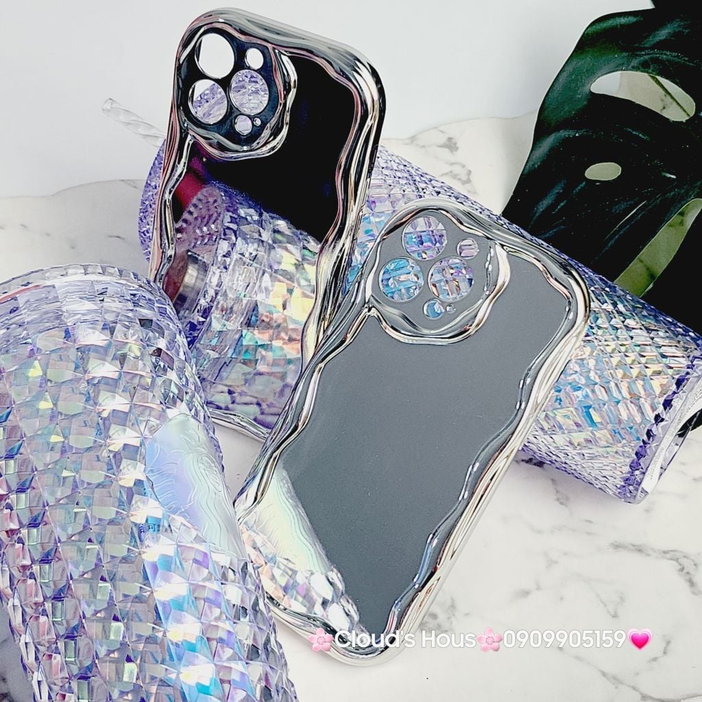 Case Ốp điện thoại iPhone Gương ánh bạc viền gợn sóng iPhone X/XSM/11/12/13/14/15/Pro/Promax