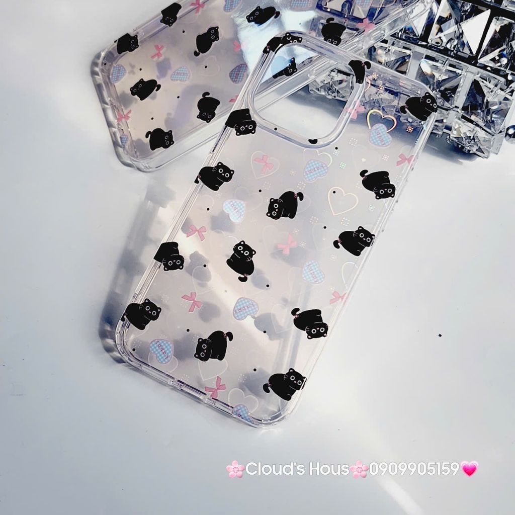 Case Ốp điện thoại iPhone Trong Mèo Đen Nền Tim Hologram iPhone 12/13/14/15/Pro/Promax