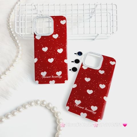 Case Ốp điện thoại iPhone Trái Tim Bạc Nền Đỏ Camera Viền Đính đá kèm bảo vệ Camera iPhone 11/12/13/14/15/Pro/Promax