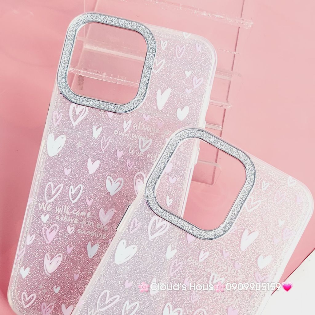 Case Ốp điện thoại iPhone Trái Tim nền Trong Bling Bling kèm Cường lực Camera lấp lánh iPhone 11/12/13/14/15/Pro/Promax