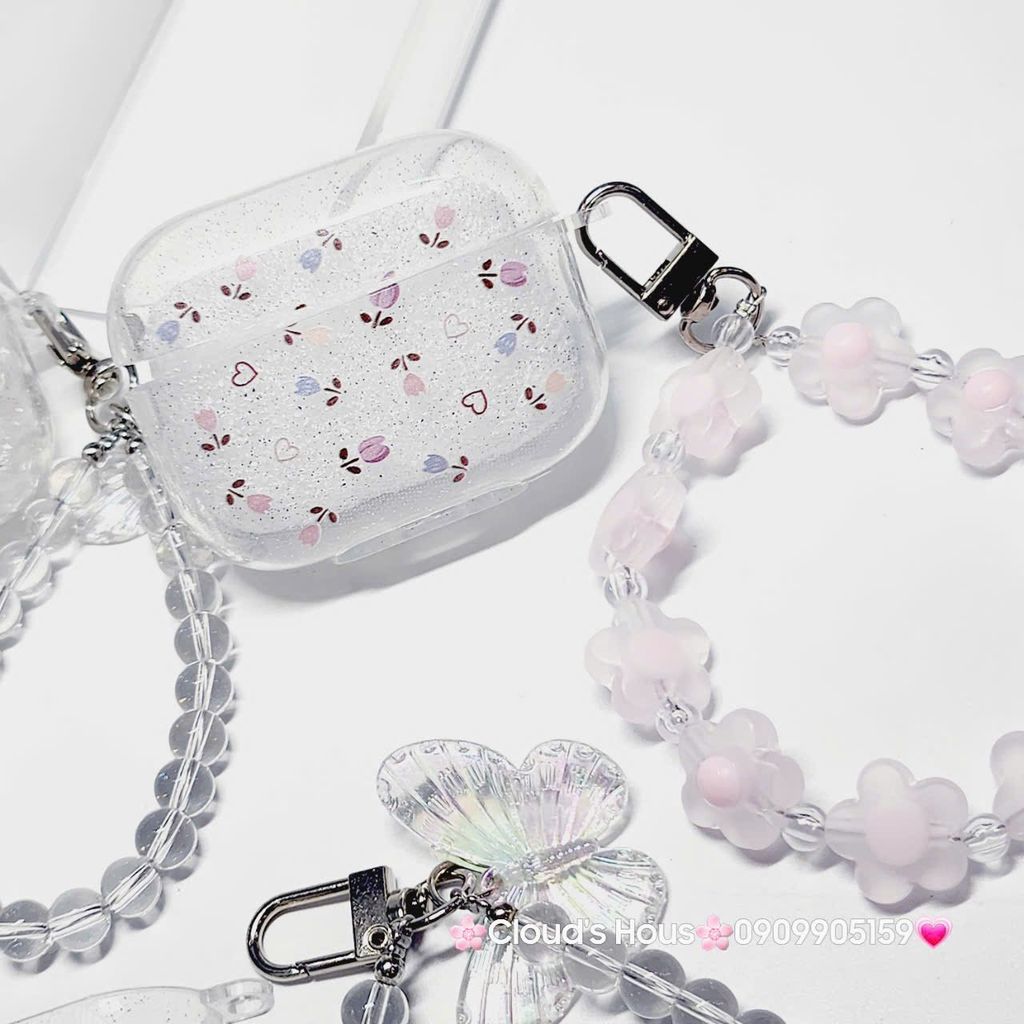 Cover Case Vỏ bảo vệ Airpod Trong Bling Bling Bướm & Hoa Nhí kèm móc khóa Airpod 1/2/3/Pro/Pro2