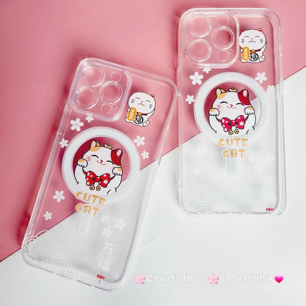 Case Ốp điện thoại iPhone Trong Magsafe Mèo may mắn Cute Cat kèm Popsocket iPhone 11/12/13/14/15/Pro/Plus/Promax - TẾT