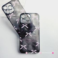 Case Ốp điện thoại iPhone Nơ Hồng nền Đen Bling Bling Cường lực Camera Đính đá iPhone 11/12/13/14/15/Pro/Promax