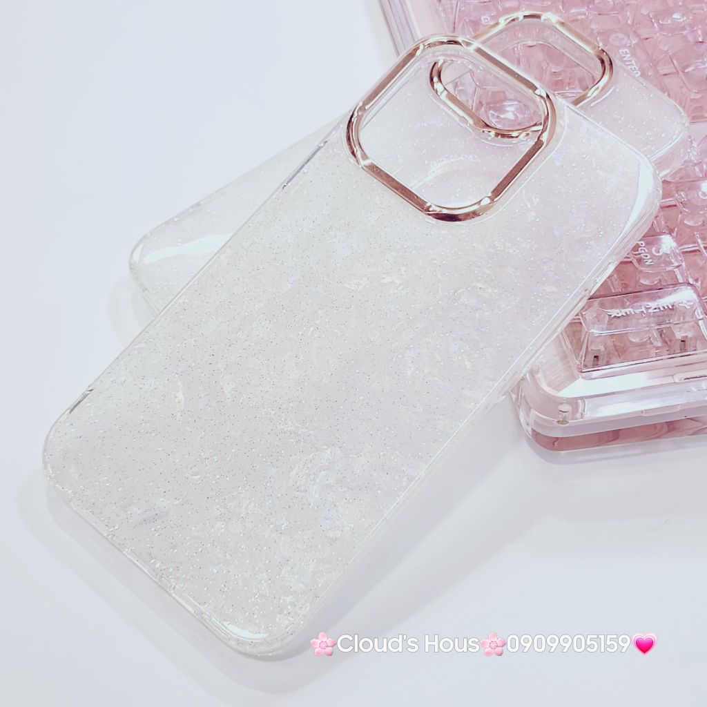 Case Ốp điện thoại iPhone Nền Trắng Ánh Xà Cừ Bling Bling Camera viền vàng Siêu Sang iPhone 12/13/14/15/16/Pro/Promax