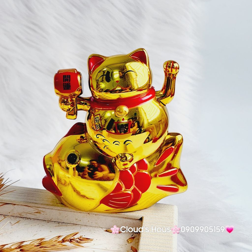 Mèo Thần Tài Mạ Vàng Cưỡi Cá Chép