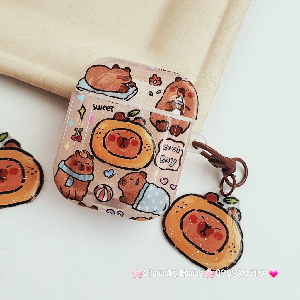 Cover Case Vỏ bảo vệ Airpod Chuột Capybara 3D Nổi Bóng kèm charm Airpod 1/2/3/Pro/Pro2