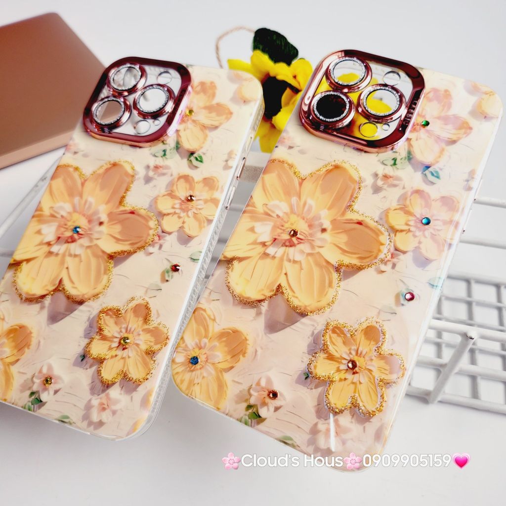 Case Ốp điện thoại iPhone Hoa To Hologram Nền Vàng Viền Camera đính đá Classic 11/12/13/14/15/Pro/Plus/Promax