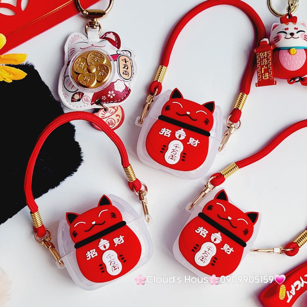 Cover Case Vỏ bảo vệ Airpod Mèo May Mắn Nhám Đỏ Có Dây Xách Airpod 1/2/3/Pro/Pro2 - TẾT