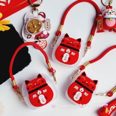 Cover Case Vỏ bảo vệ Airpod Mèo May Mắn Nhám Đỏ Có Dây Xách Airpod 1/2/3/Pro/Pro2 - TẾT