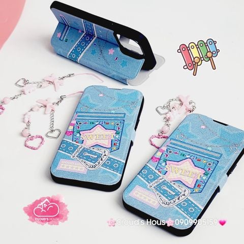 Case Ốp điện thoại iPhone Bao Da Jeans Sweet Kèm Charm iPhone 11/12/13/14/15/Pro/Promax