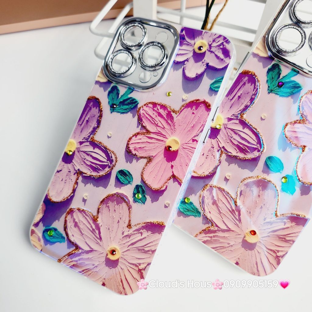 Case Ốp điện thoại iPhone Hoa To Hologram Nền Tím Đính đá Camera iPhone 11/12/13/14/15/Pro/Promax