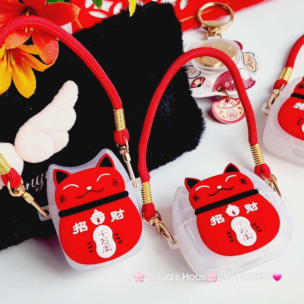 Cover Case Vỏ bảo vệ Airpod Mèo May Mắn Nhám Đỏ Có Dây Xách Airpod 1/2/3/Pro/Pro2 - TẾT