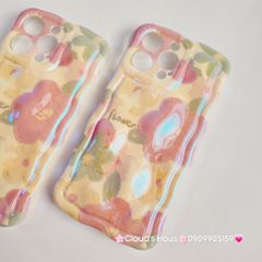 Case Ốp điện thoại iPhone HOA Hologram nền vàng Nổi Viền Gợn Sóng iPhone 12/13/14/15/Pro/Promax