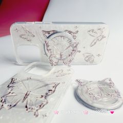 Case Ốp điện thoại iPhone Magsafe Bướm Đen Ánh Xà Cừ Trắng Kèm Popsocket Nam Châm iPhone 11/12/13/14/15/Pro/Promax