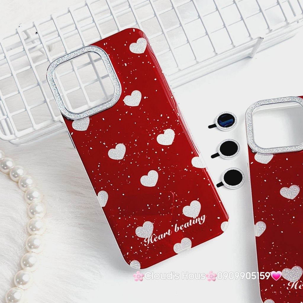 Case Ốp điện thoại iPhone Trái Tim Bạc Nền Đỏ Camera Viền Đính đá kèm bảo vệ Camera iPhone 11/12/13/14/15/Pro/Promax