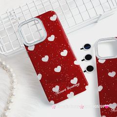Case Ốp điện thoại iPhone Trái Tim Bạc Nền Đỏ Camera Viền Đính đá kèm bảo vệ Camera iPhone 11/12/13/14/15/Pro/Promax