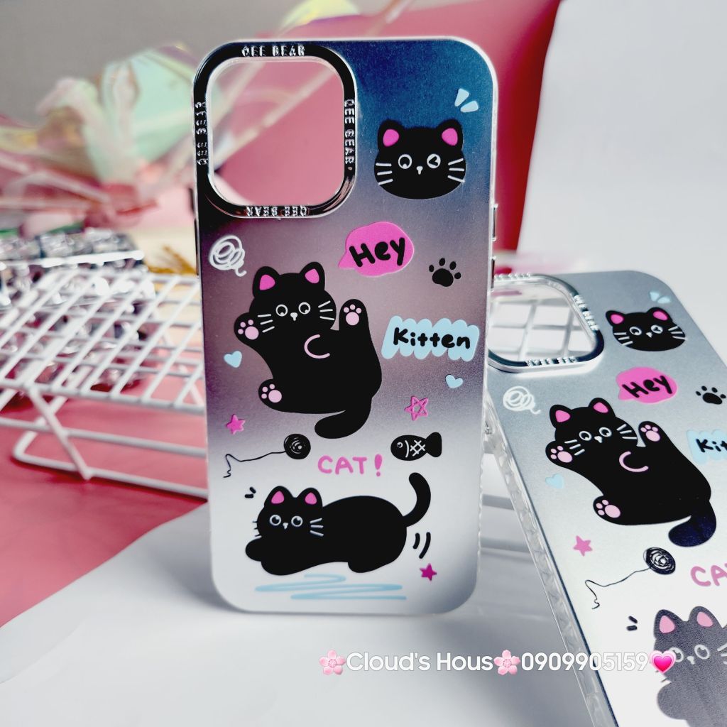 Case Ốp điện thoại iPhone Mèo Đen Kitten Nhám Hologram ánh bạc iPhone 11/12/13/14/15/Pro/Promax