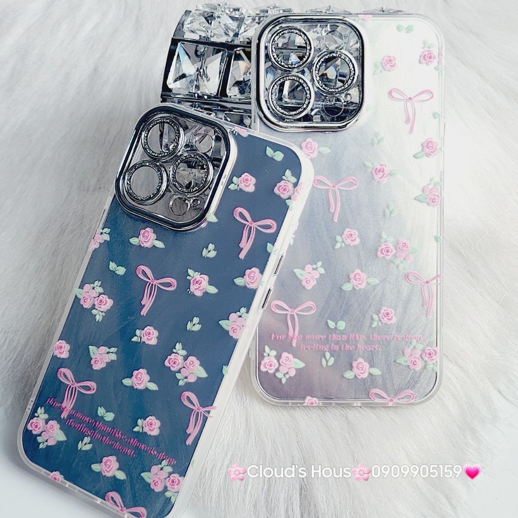 Case Ốp điện thoại iPhone Gương Nơ Hoa Camera đính đá kèm bảo vệ camera hologram iPhone 11/12/13/14/15/Pro/Promax