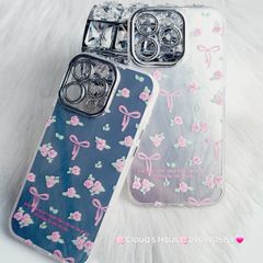 Case Ốp điện thoại iPhone Gương Nơ Hoa Camera đính đá kèm bảo vệ camera hologram iPhone 11/12/13/14/15/Pro/Promax