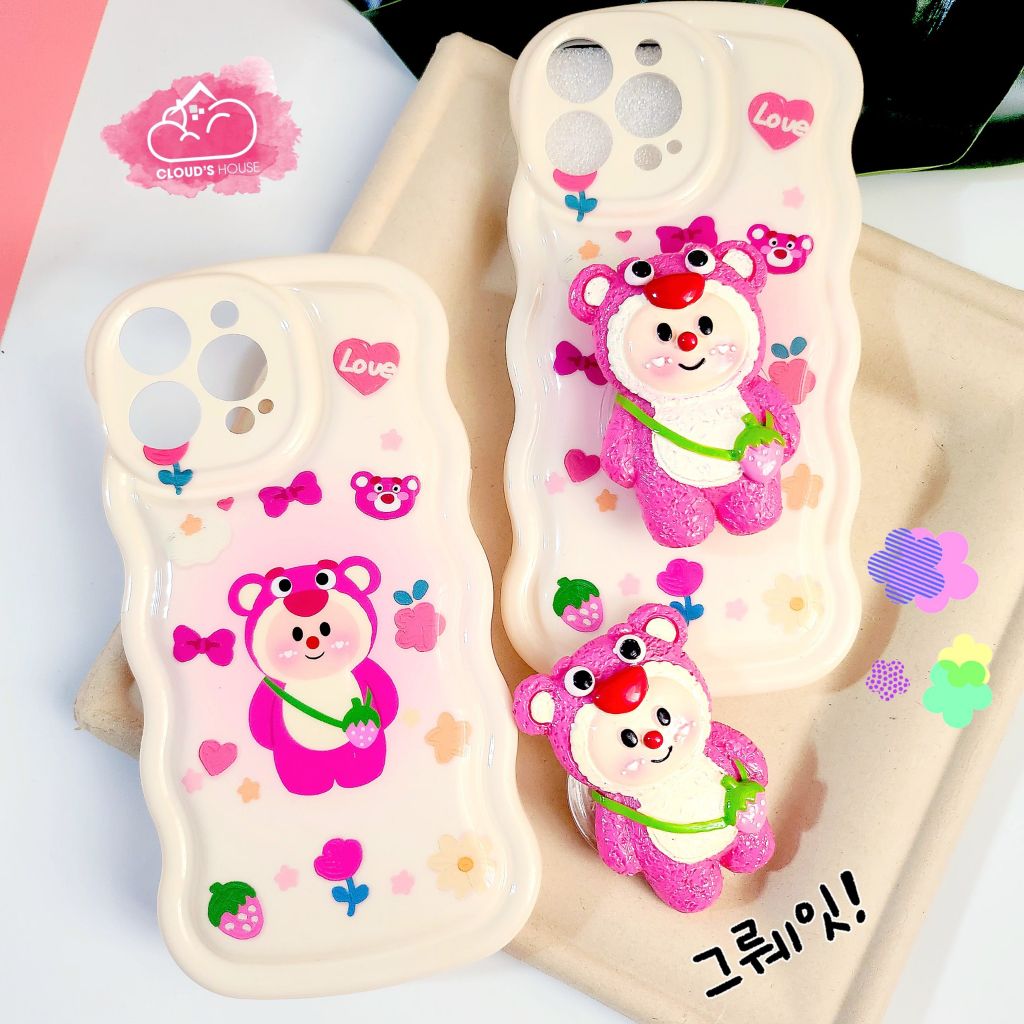 Case Ốp điện thoại iPhone Gấu dâu Lotso Chất phao Viền gợn sóng Kèm popsoket iPhone 11/12/13/14/Plus/Pro/Promax