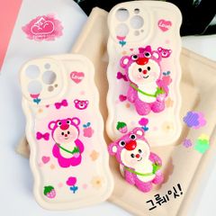 Case Ốp điện thoại iPhone Gấu dâu Lotso Chất phao Viền gợn sóng Kèm popsoket iPhone 11/12/13/14/Plus/Pro/Promax