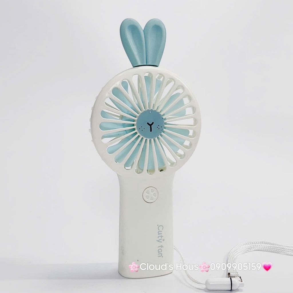 Mini Fan - Quạt Cầm Tay Trắng Tai Thỏ Xanh