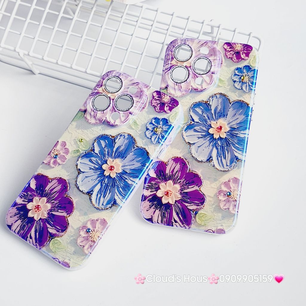 Case Ốp điện thoại iPhone Hoa Hologram nền xanh lá viền nhám bảo vệ cụm camera đính đá iPhone 11/12/13/14/15/Pro/Promax