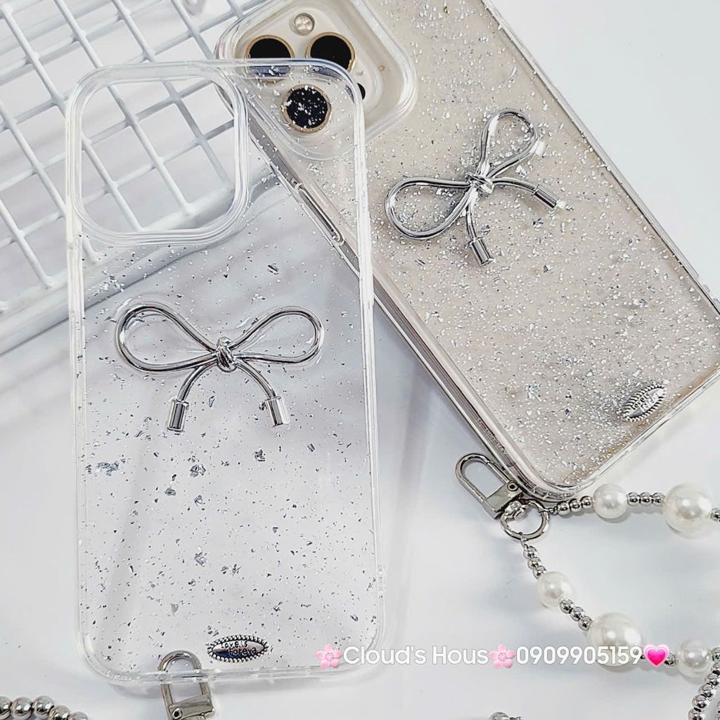 Case Ốp điện thoại iPhone Nơ Bạc Trong Bling Bling iPhone 12/13/14/15/Plus/Pro/Promax