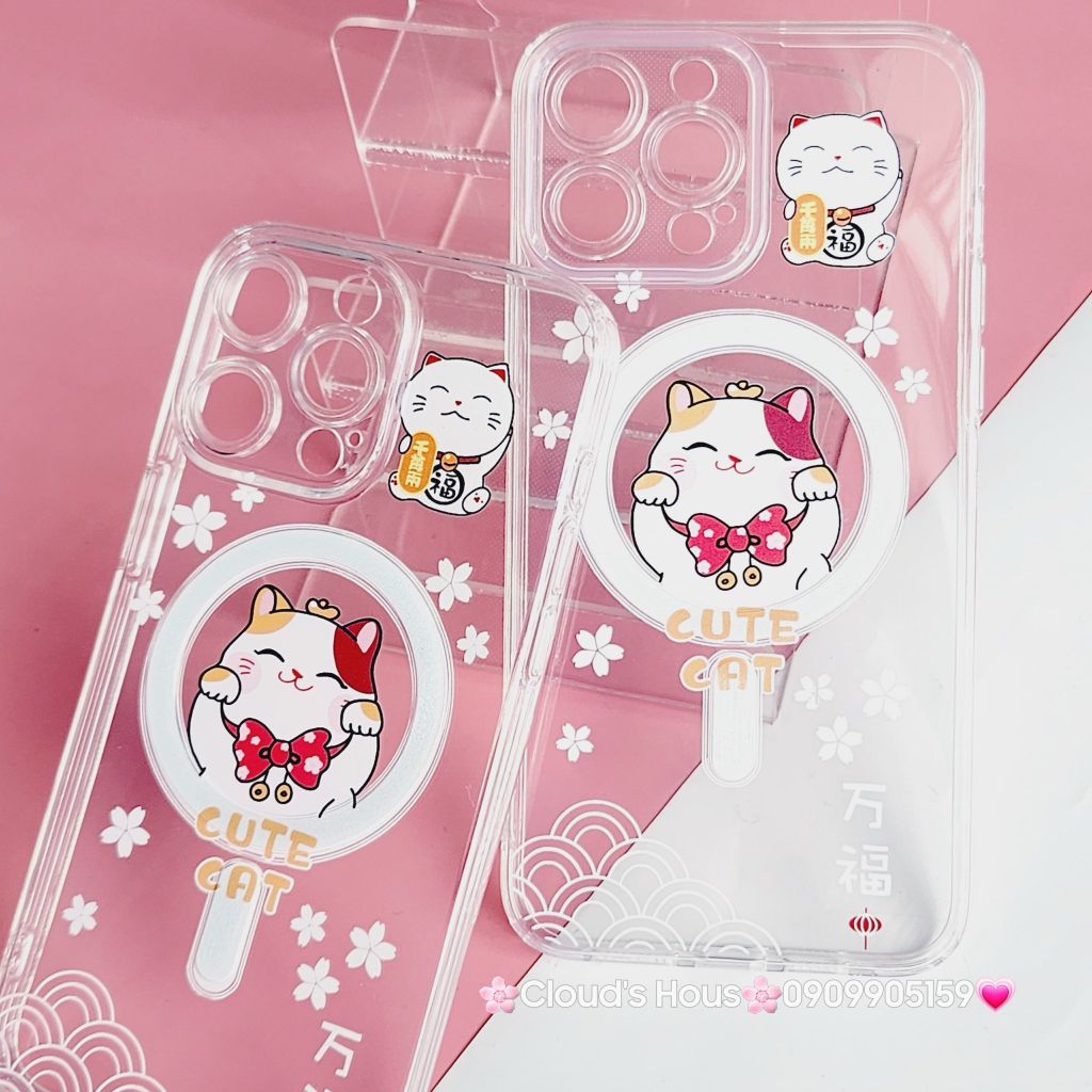 Case Ốp điện thoại iPhone Trong Magsafe Mèo may mắn Cute Cat kèm Popsocket iPhone 11/12/13/14/15/Pro/Plus/Promax - TẾT