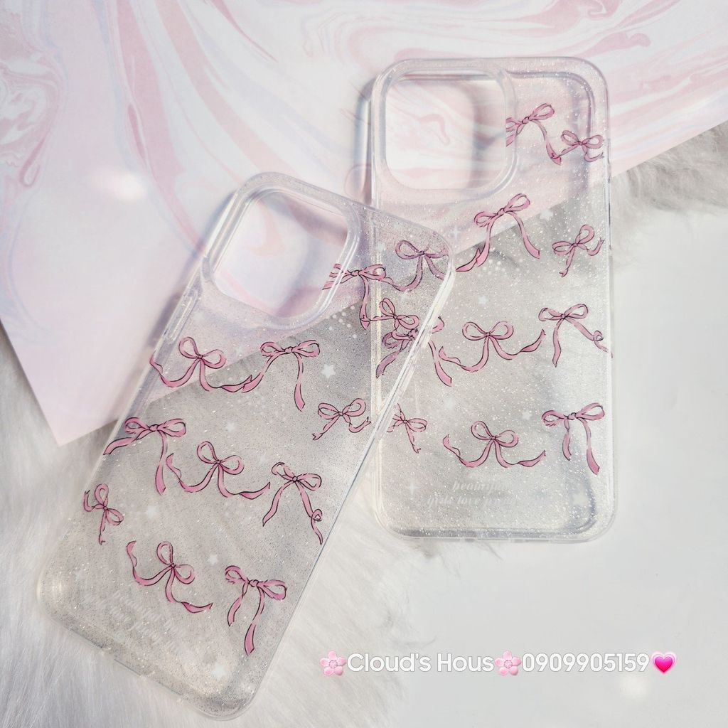 Case Ốp điện thoại iPhone Nơ Hồng Trong Kim Tuyến Bling bling iPhone 11/12/13/14/15/Pro/Promax