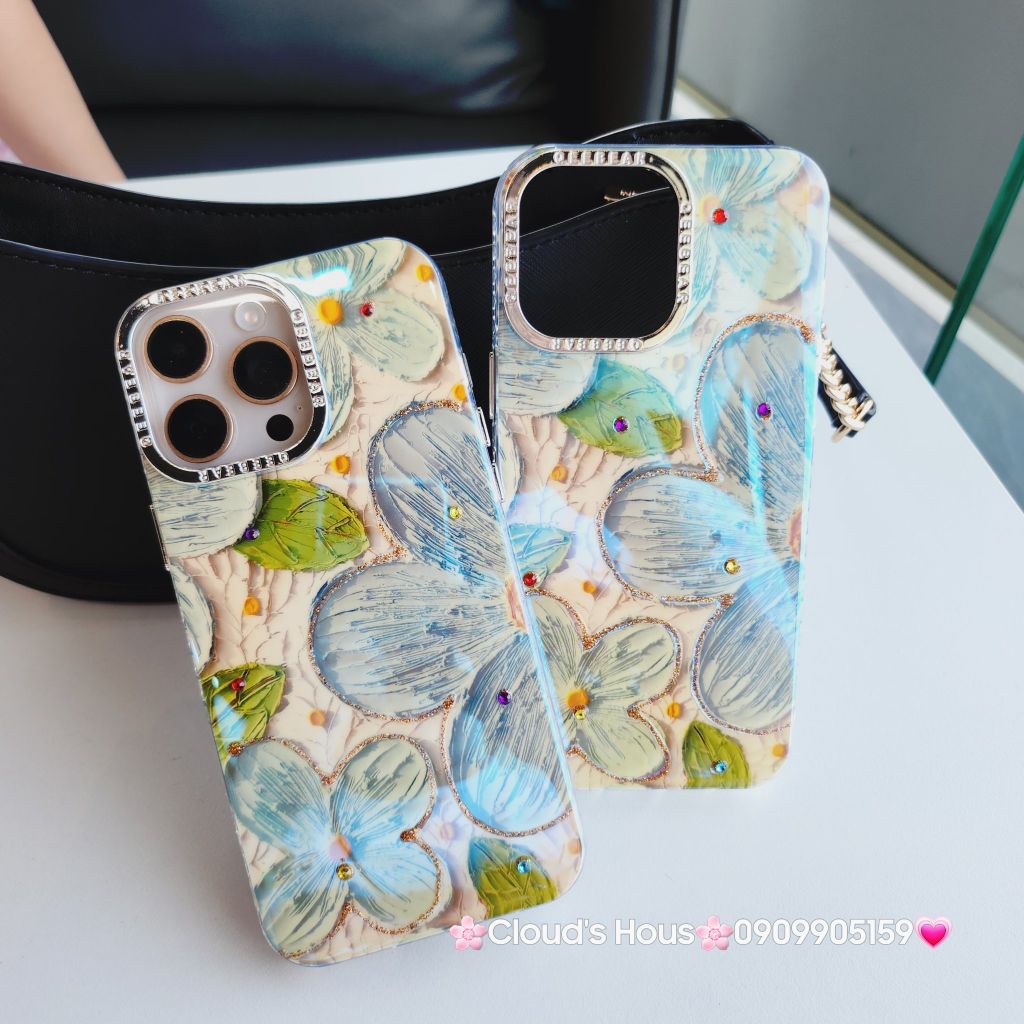 Case Ốp điện thoại iPhone Hoa Xanh To Hologram Nền Vàng iPhone 12/13/14/15/16Pro/Promax