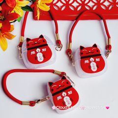 Cover Case Vỏ bảo vệ Airpod Mèo May Mắn Nhám Đỏ Có Dây Xách Airpod 1/2/3/Pro/Pro2 - TẾT