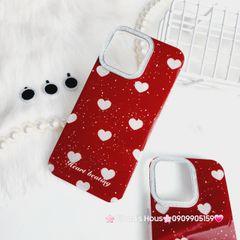 Case Ốp điện thoại iPhone Trái Tim Bạc Nền Đỏ Camera Viền Đính đá kèm bảo vệ Camera iPhone 11/12/13/14/15/Pro/Promax