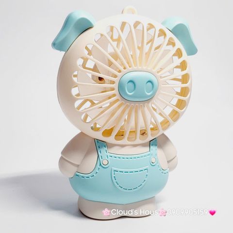 Quạt Cầm Tay Tai rời Heo - Thỏ mặc váy yếm xanh