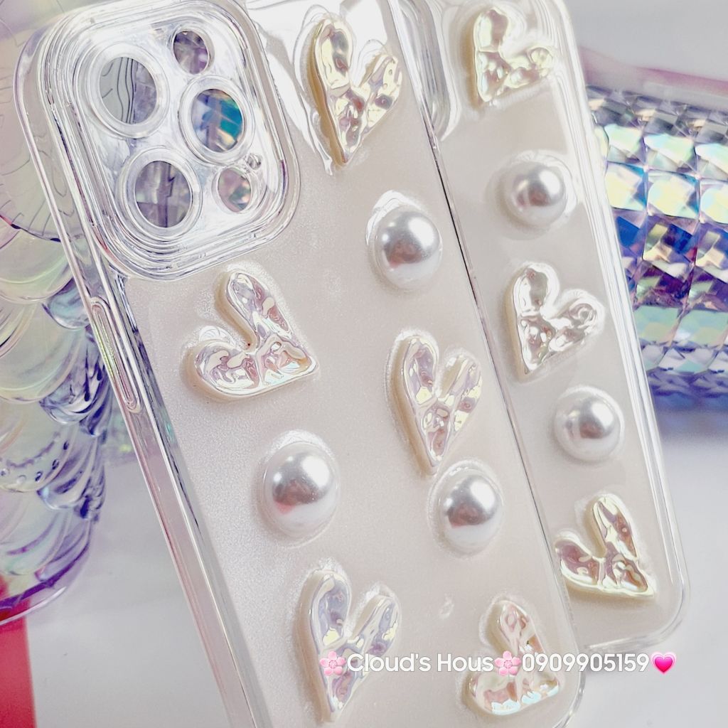 Case Ốp điện thoại iPhone Bling Bling icon Trái Tim ngọc trai nổi iPhone 11/12/13/14/Pro/Promax