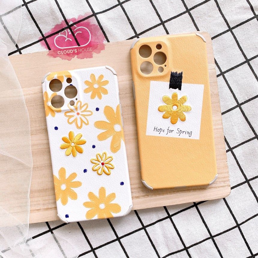 CASE IPHONE HOA Cúc Vàng Thêu Chất Nhám Da