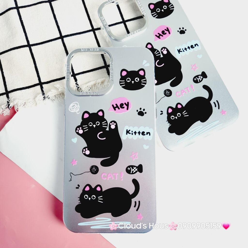 Case Ốp điện thoại iPhone Mèo Đen Kitten Nhám Hologram ánh bạc iPhone 11/12/13/14/15/Pro/Promax