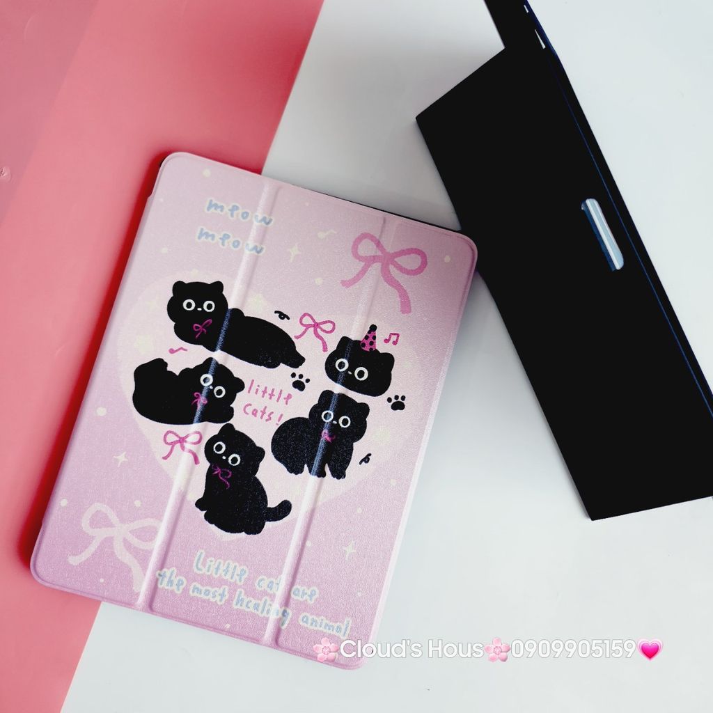Case Ốp Bao da iPad Mèo Đen Nền Hồng Little Cats Lưng Gương iPad 9.7/10/10.2/10.5/10.9/11/12.9inch