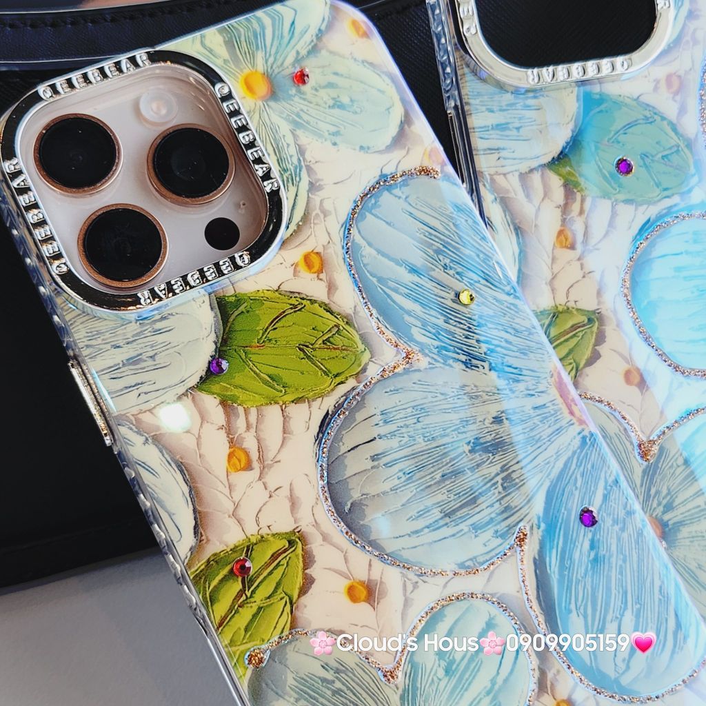 Case Ốp điện thoại iPhone Hoa Xanh To Hologram Nền Vàng iPhone 12/13/14/15/16Pro/Promax