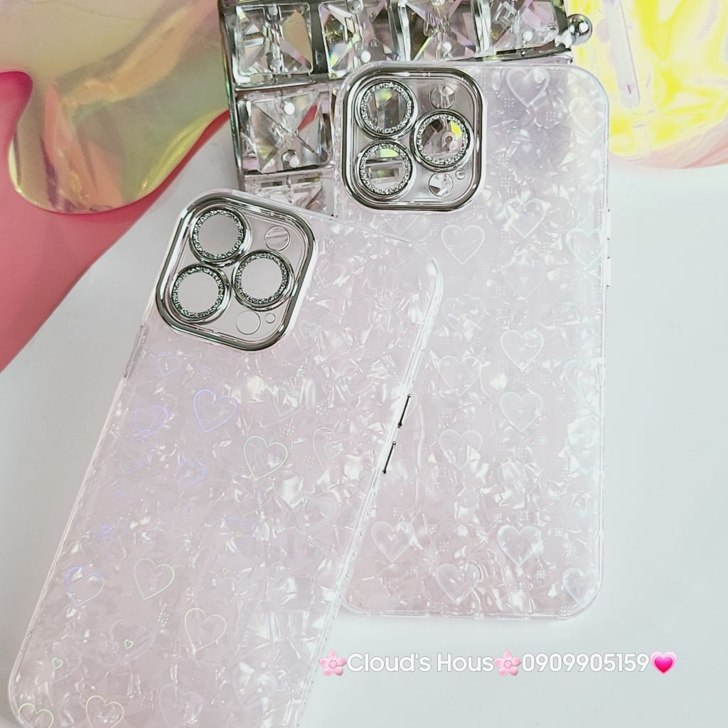 Case Ốp điện thoại iPhone Tim Hồng Ánh Xà Cừ Đính đá bảo vệ camera iPhone 11/12/13/14/15/Pro/Promax