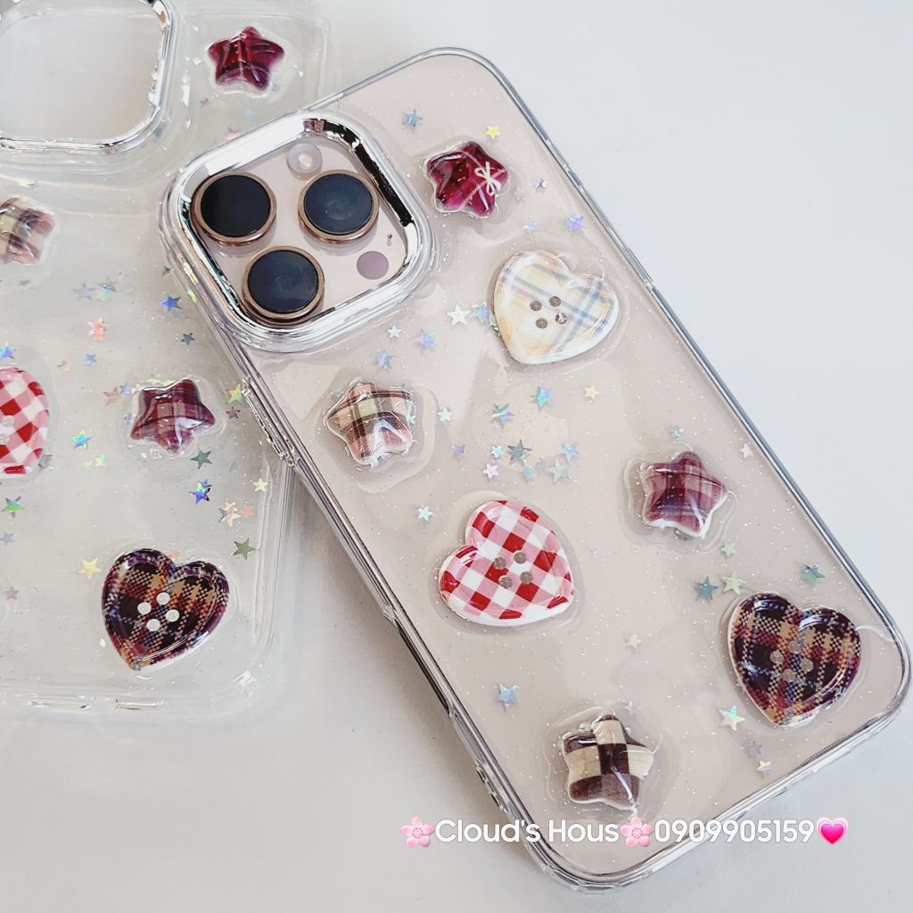 Case Ốp điện thoại iPhone Trong Icon Nổi Trái Tim Ngôi Sao Bling Bling Case iPhone 12/13/14/15/16/Pro/Promax