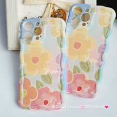 Case Ốp điện thoại iPhone Hoa Hologram Nền Xanh lá Viền Gợn Sóng iPhone 11/12/13/14/15/Pro/Promax