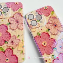 Case Ốp điện thoại iPhone Hoa Hologram nền vàng hoa đỏ viền nhám bảo vệ cụm camera đính đá iPhone 11/12/13/14/15/Pro/Promax
