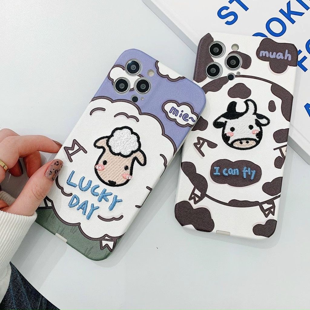 Case ốp điện thoại iPhone Bò sữa nhám da thêu vải