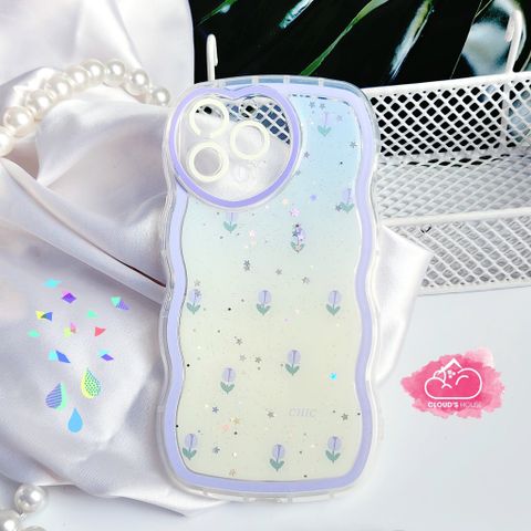 Case Ốp điện thoại iPhone Gợn Sóng Bóng trơn Kim tuyến Hoa Tulip Tím Camera trái tim iPhone 11/12/13/14/Plus/Pro/Promax