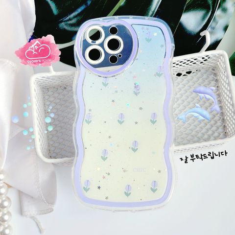 Case Ốp điện thoại iPhone Gợn Sóng Bóng trơn Kim tuyến Hoa Tulip Tím Camera trái tim iPhone 11/12/13/14/Plus/Pro/Promax