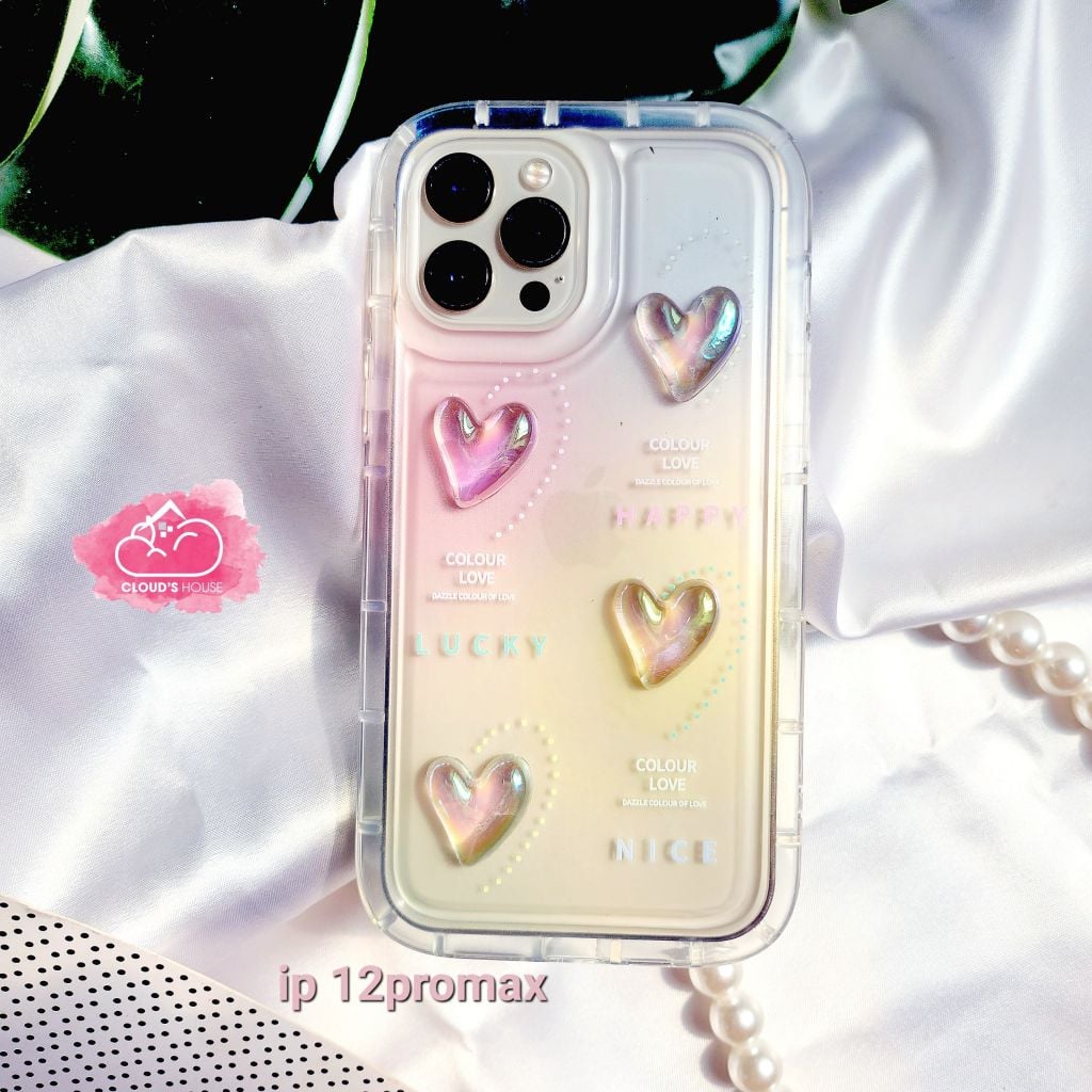 Case Ốp điện thoại Iphone Trong Icon Nổi Trái tim Ánh Hologram iPhone 11/12/13/14/Plus/Pro/Promax
