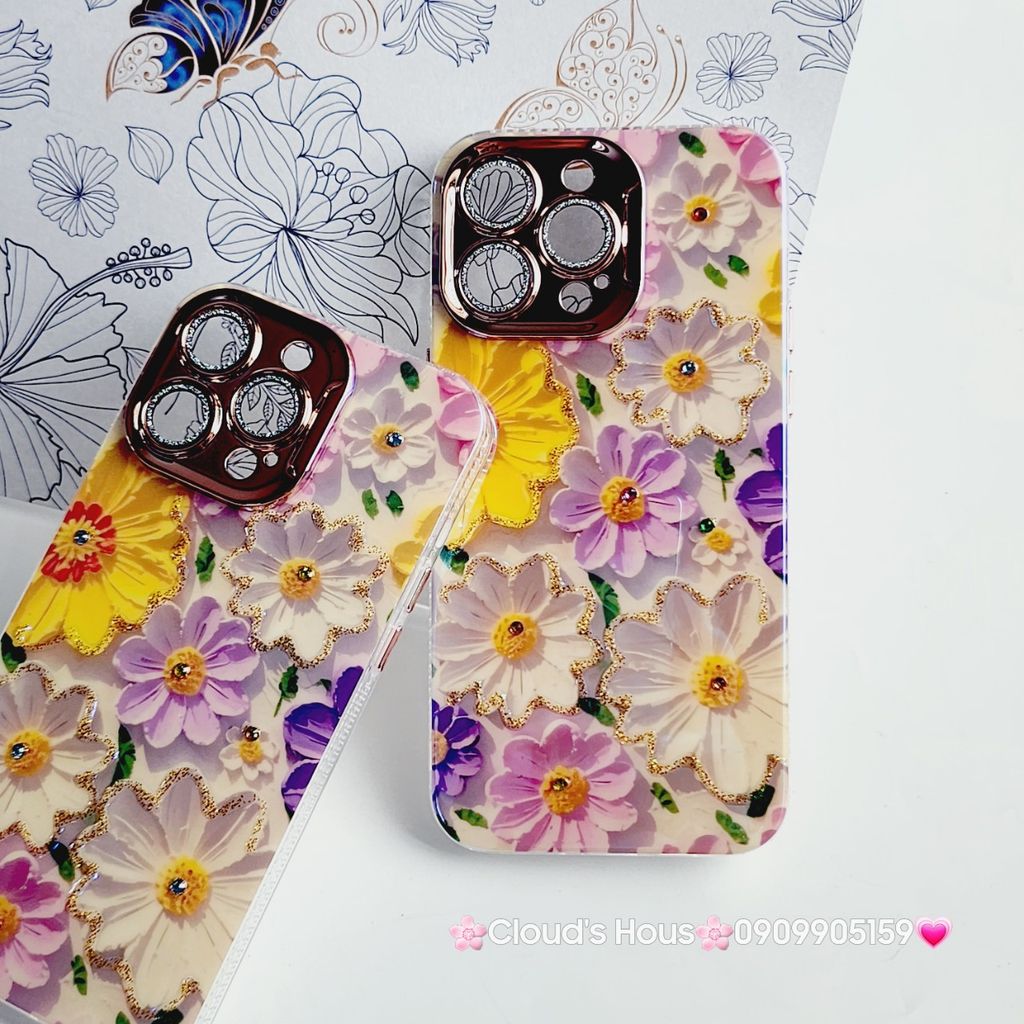 Case Ốp điện thoại iPhone Hoa Hologram nền trắng hoa ngũ sắc viền nhám bảo vệ cụm camera đính đá iPhone 11/12/13/14/15/Pro/Promax