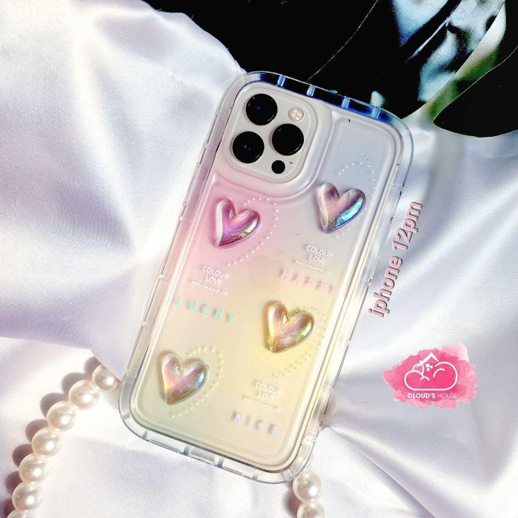 Case Ốp điện thoại Iphone Trong Icon Nổi Trái tim Ánh Hologram iPhone 11/12/13/14/Plus/Pro/Promax